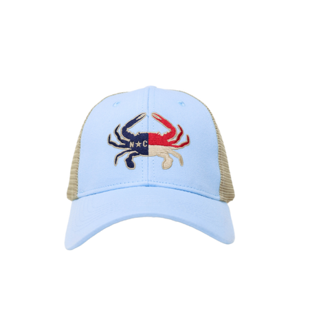 NC Crab Flag Trucker Hat Carolina Blue